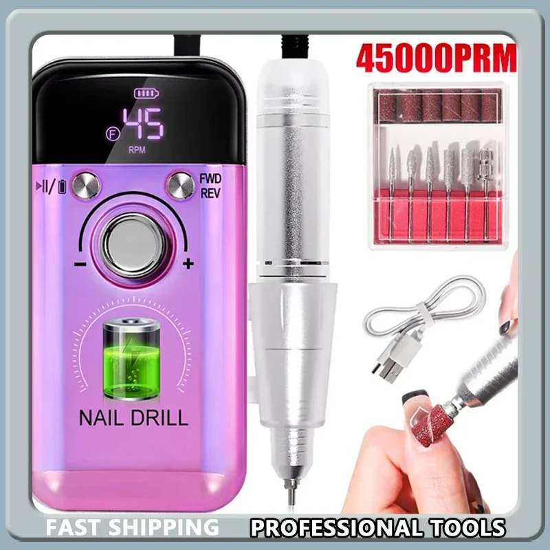 

Перезаряжаемая электрическая дрель для ногтей, профессиональные дрели для гель-лака для ногтей, портативная пилочка для ногтей, маникюрный инструмент 45000 об/мин