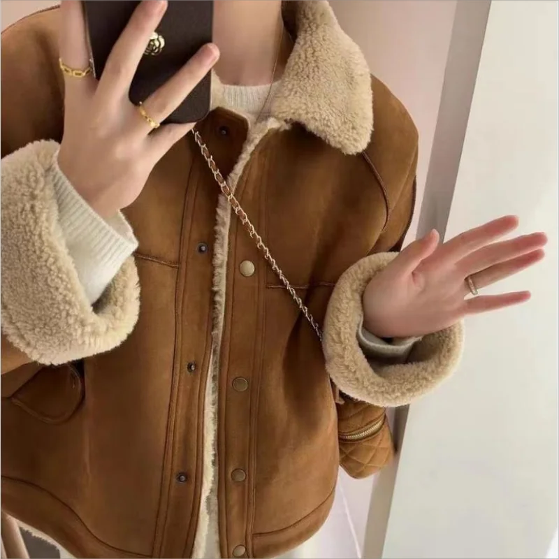 Cropped Faux Fur Jacket Women Fashion Chic Lady Long Sleeves Fleece Fur Jacket High Street Fall Winter Warm Coat Top Female