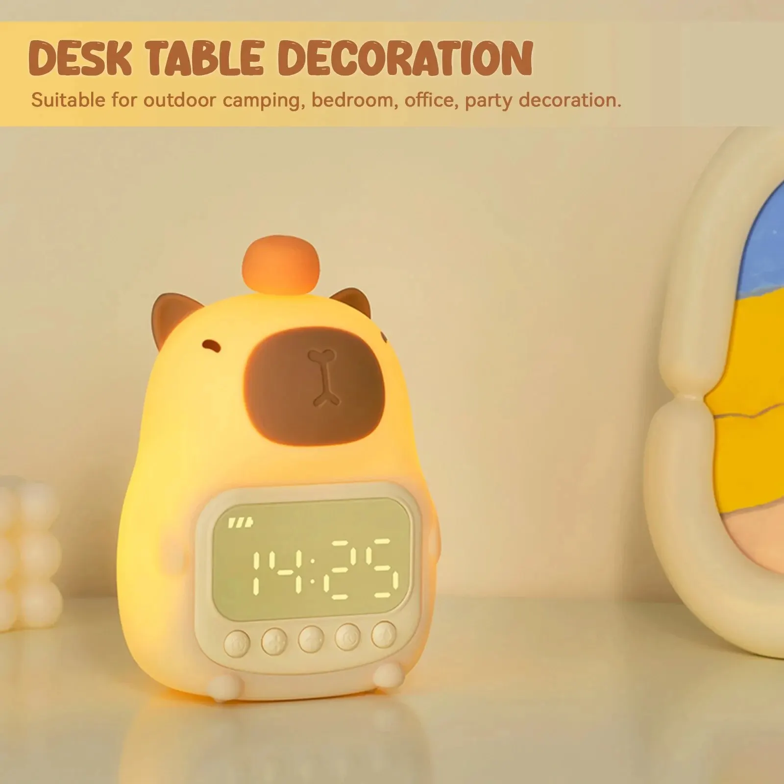 Cute Rechargable Digital Alarm Clock Night Light Touch Snooze Always-on Display Desktop Table Clock 12/24H Alarm Music LED Clock