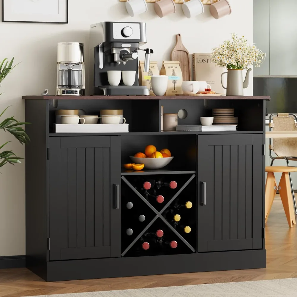 Farmhouse Coffee Bar Cabinet with Prower Outlets, Rustic Liquor Cabinet with Wine Rack, Wooden Wine Cabinet for Dining Room