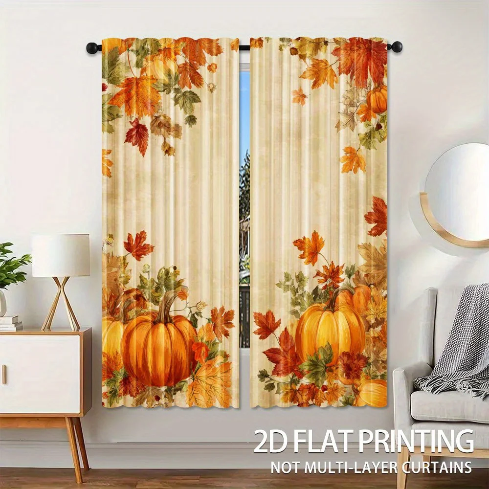 Autumn Pumpkin Curtain Panels, Fall Pumpkin Maple Leaf Vintage Beige Background Print Drapes for Harvest Bedroom Home Decor