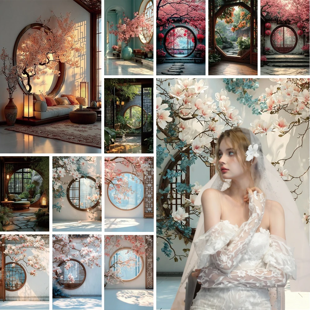 

MOON.QG Neo Chinese Style Courtyard Photography Backdrop Backgrounds Windows Lamps Arch Gates Photocall Shooting Birthday Wall