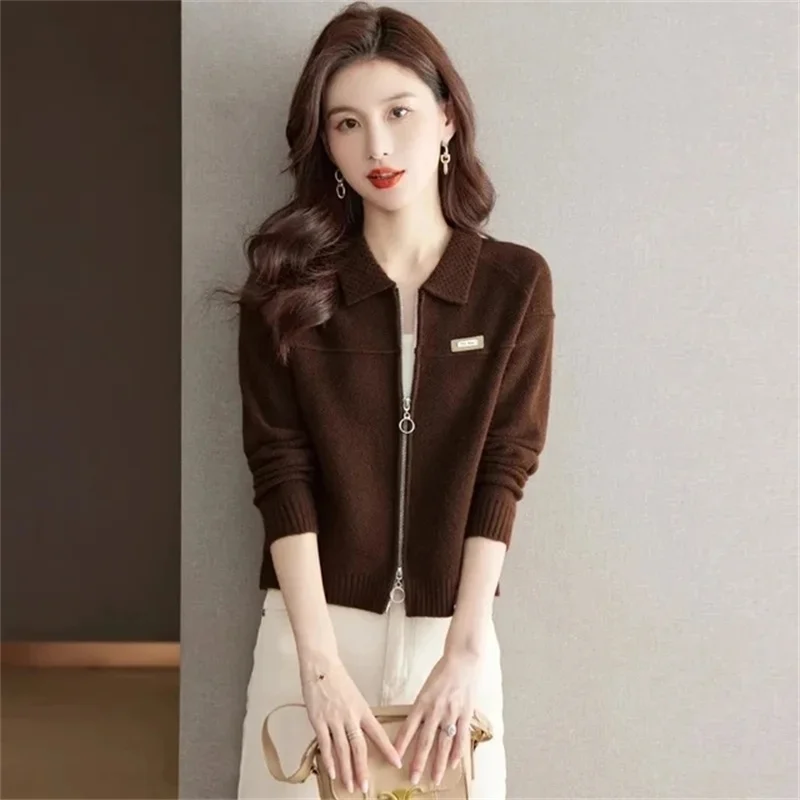 Spring Autumn New Lapel Collar Zipper Women Knitted Cardigan Sweater Jacket Fashion Short  Leisure Versatile Female Sweater