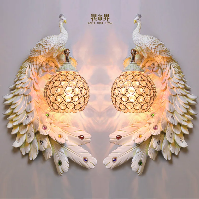 

Nordic Retro Dual Color Peacock Wall Lamp Creative Gold White Lamps LED Crystal Metal Light Corridor Decoration