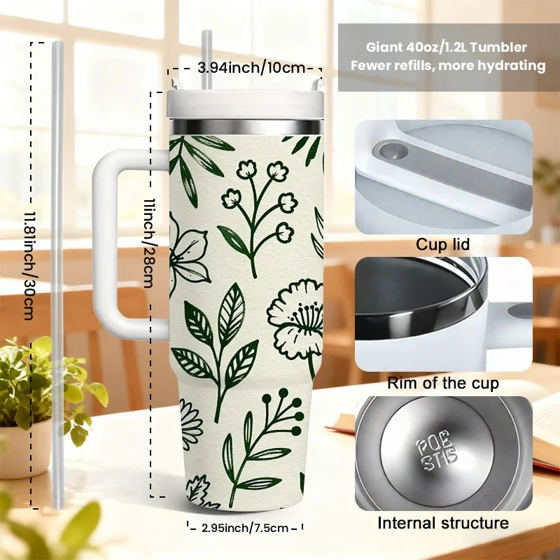 1pc 40 Oz Stainless Steel Insulated Tumbler with Handle And Straw, Hand-Drawn Green Botanical Floral Leaf Sublimation Print Double Wall Travel Mug, Keeps Drinks Hot 18H & Cold 36H, Ideal for Daily Use