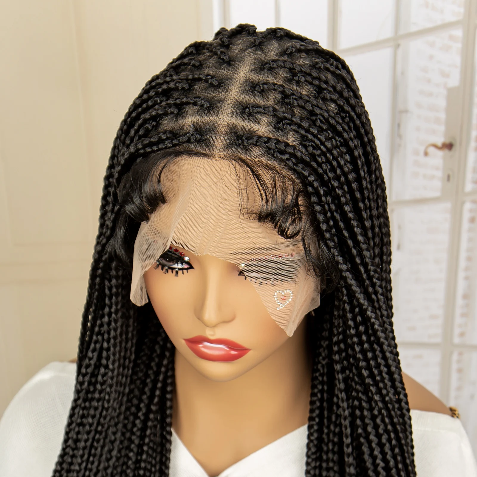 Synthetic Knotless Box Braided Wigs with Curly Ends Transparent Full Lace 36 Inches Black Cornrow Braids Wig for Black Women