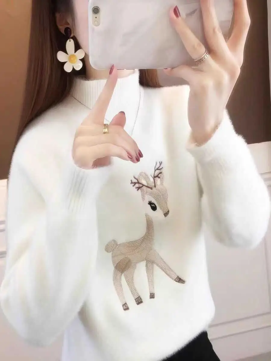 

Женский вязаный свитер Thiened Long Sve, норковый бархат, свободный крой, осень-зима, теплый модный топ с высоким воротником