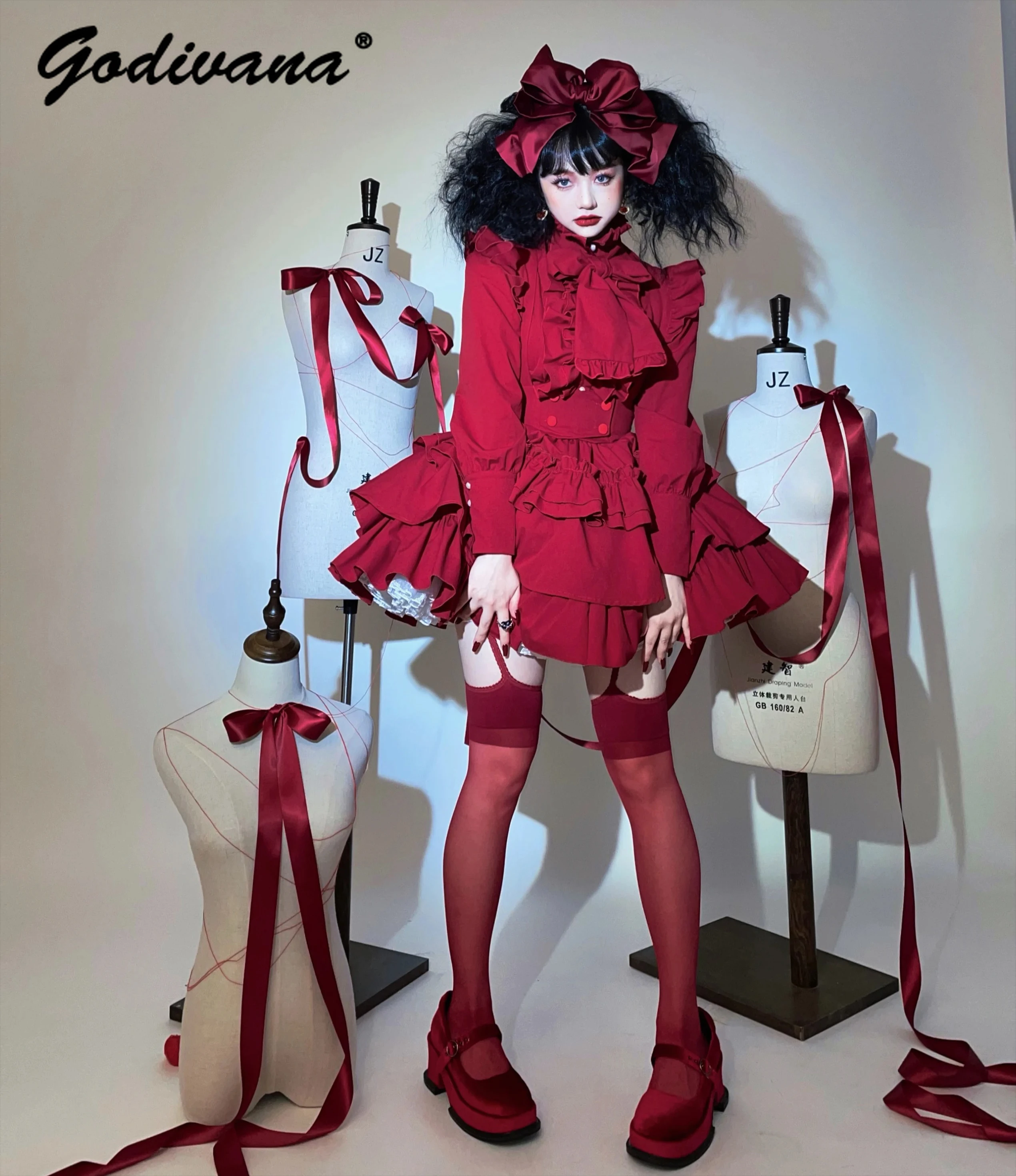 

Goth Women's Skirt Set Outfits Girls Sweet Lace-up Bow Collar Long Sleeve Shirt High Waist Red Strap Skirt Lolita Outfits