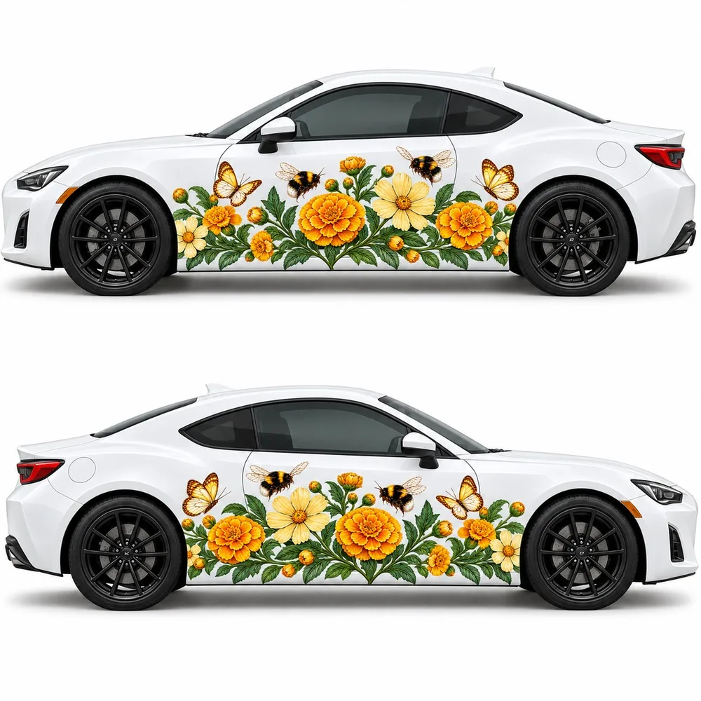 2 PCS Golden Daisy and Butterfly Car Side Decals, Marigold Flower and Bee Die-Cut Vinyl Sticker Set