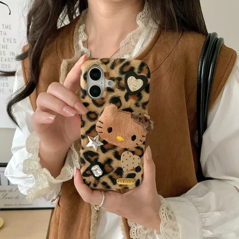 3D Cute Sanrio Y2K Hello Kitty Leopard Print Furry Plush Phone Case For iPhone 16 Pro 15 14 13 12 Pro Max Winter Warm Soft Cover