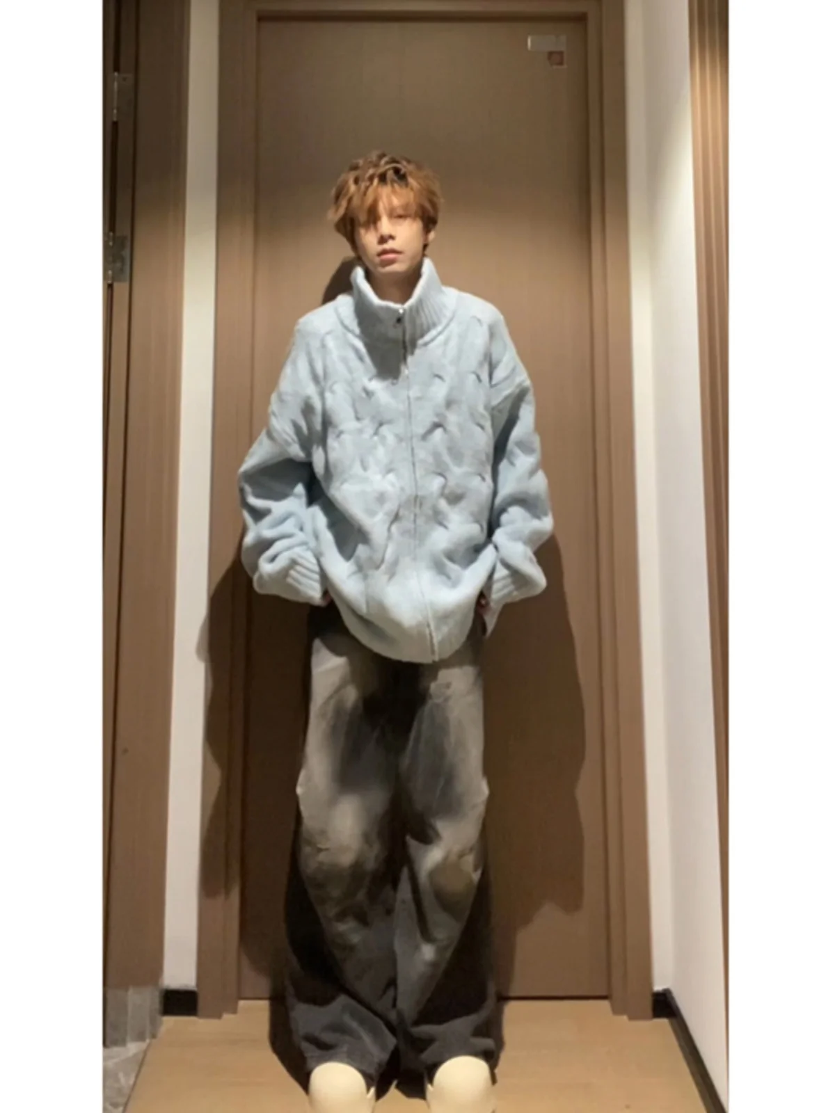 

American Retro f High Collar Men's Knitted Sweater Loose Lazy Sle High Street Couple's Outerwear Autumn Winter Twist Kni...