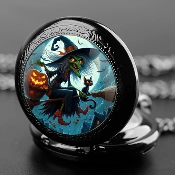 Halloween Witch Glass Dome Vintage Arabic Numerals Quartz Pocket Watch Necklace Pendant Clock Chain Men Women for Kids