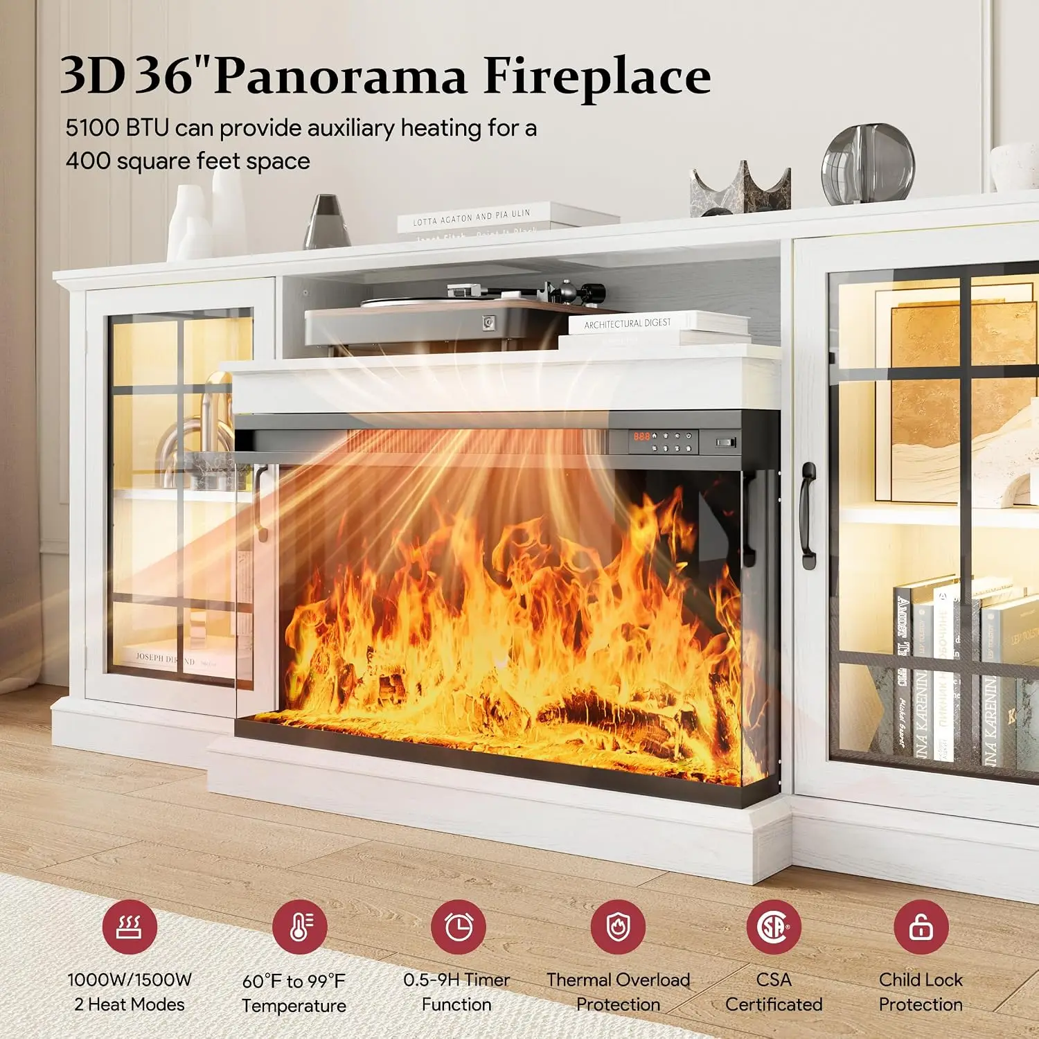 80'' Fireplace TV Stand, Farmhouse Entertainment Center with 3 Sided Glass TV Stand, Modern Media Console Table, Customized