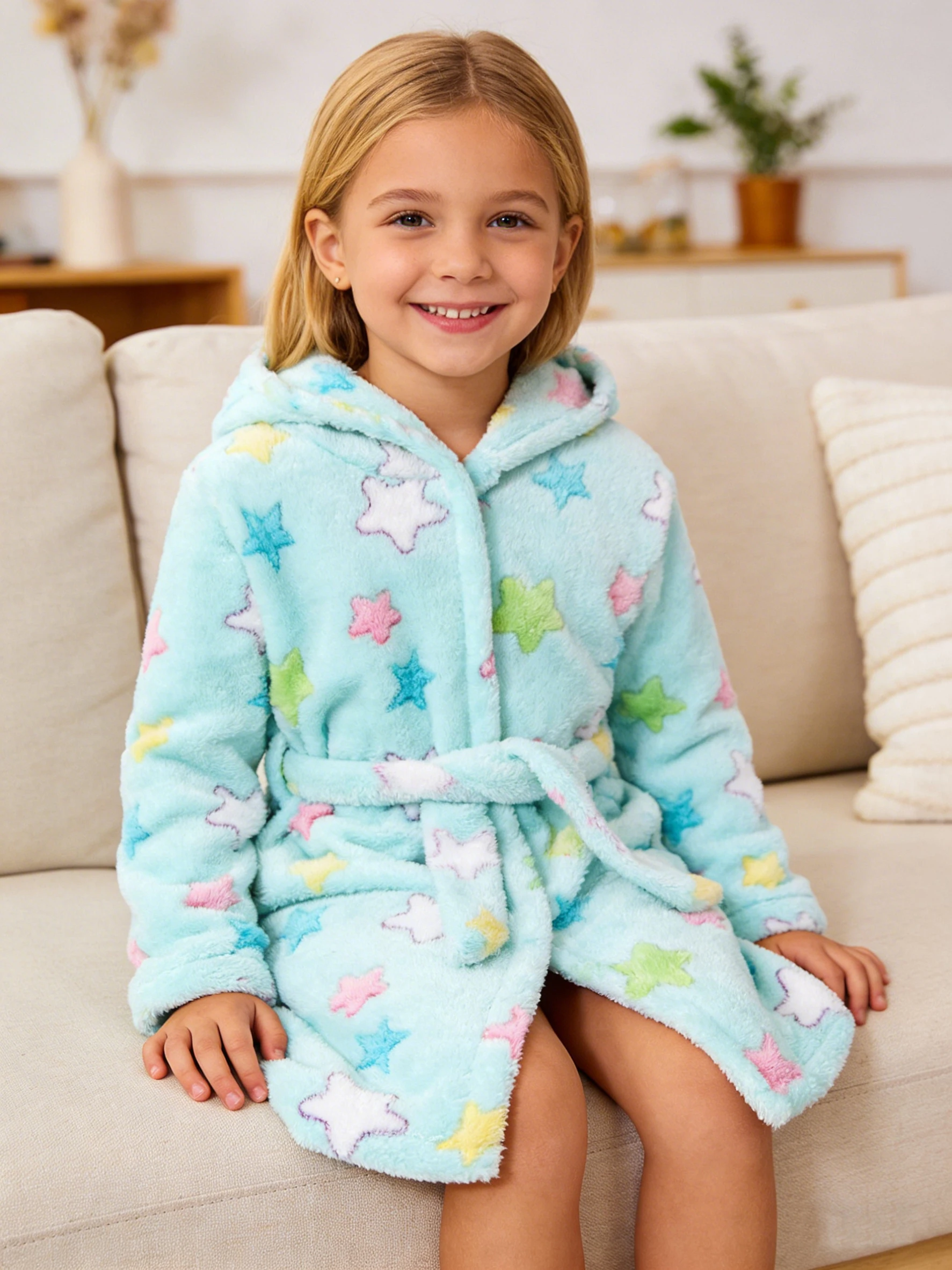 Girls' Bathrobe Autumn/Winter Colorful Star Printed Bathrobe for Kids Long Sleeve Hooded Cute Children's Pajamas