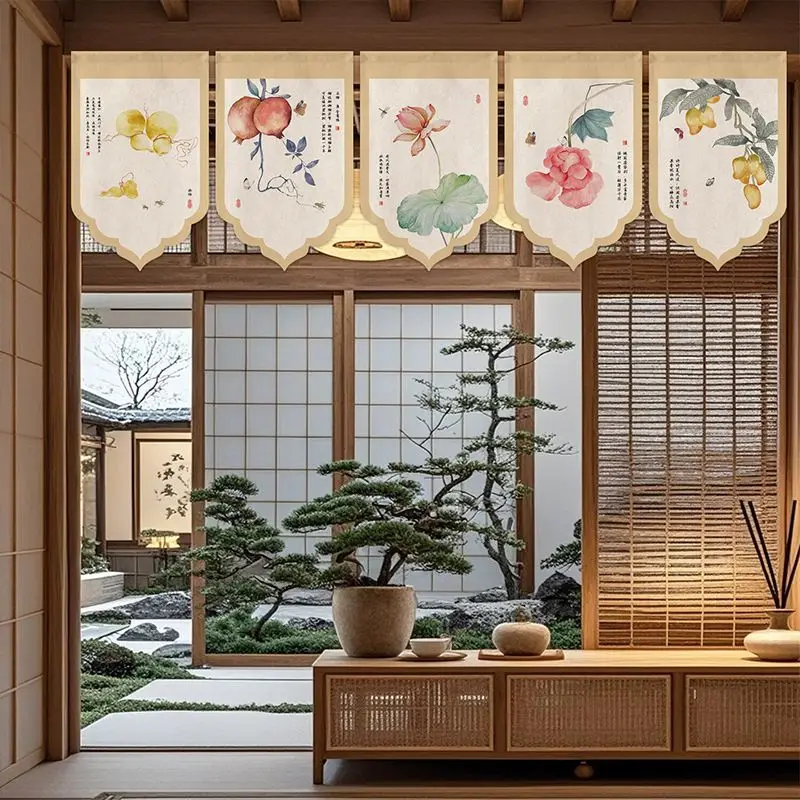 Chinese Style New Chinese Zen Ink Painting Lotus Triangle Hanging Flag Short Curtain Tea Room Living Room Entrance Door Decor