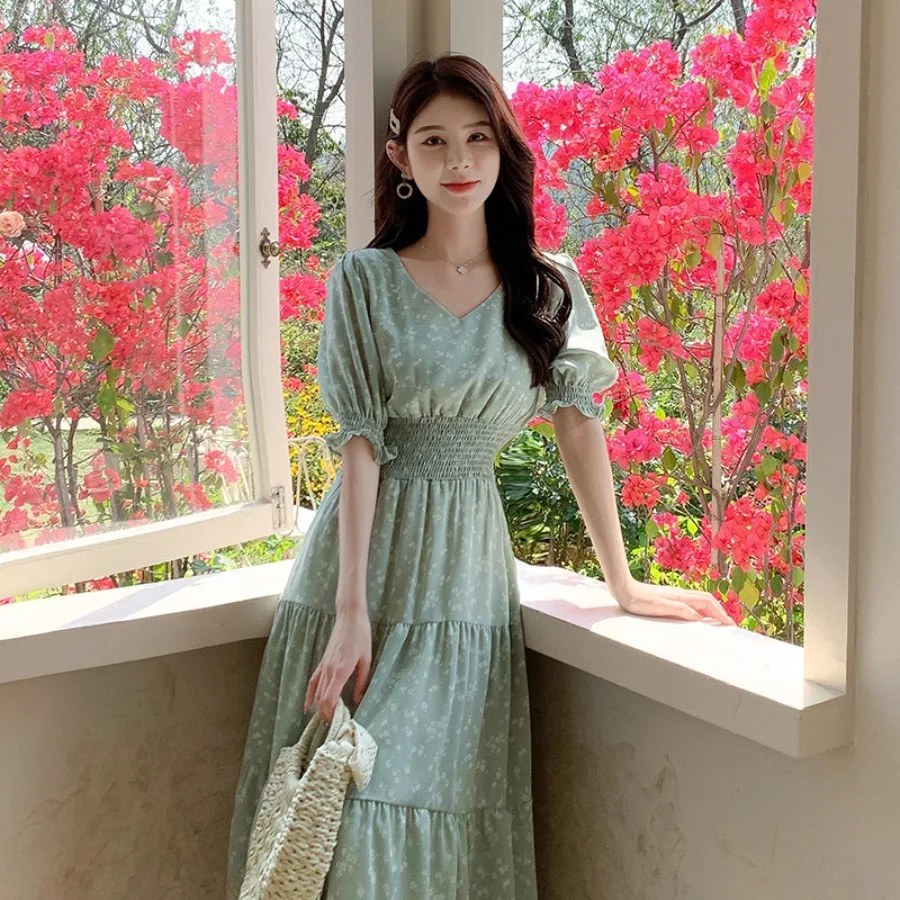 

【New style】Gentle style sweet fairy floral dress summer small fresh V-neck high waist slimming dress women's a-line long dress