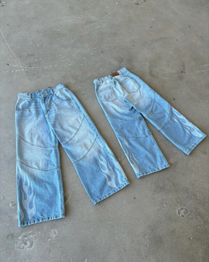 Europa En De Verenigde Staten Nieuwe Lichtblauwe Vlam Print Jeans Mannen Y 2K Hiphop Trend Wijde Pijpen Punk Fashion Baggy Jeans