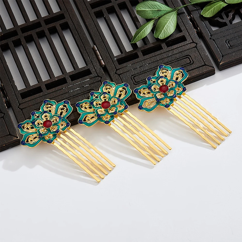 Women Wedding Blue  Lotus Classical Style Chinese Hanfu Hairpin Cloisonne Hair Comb Headwear Hair Accessories