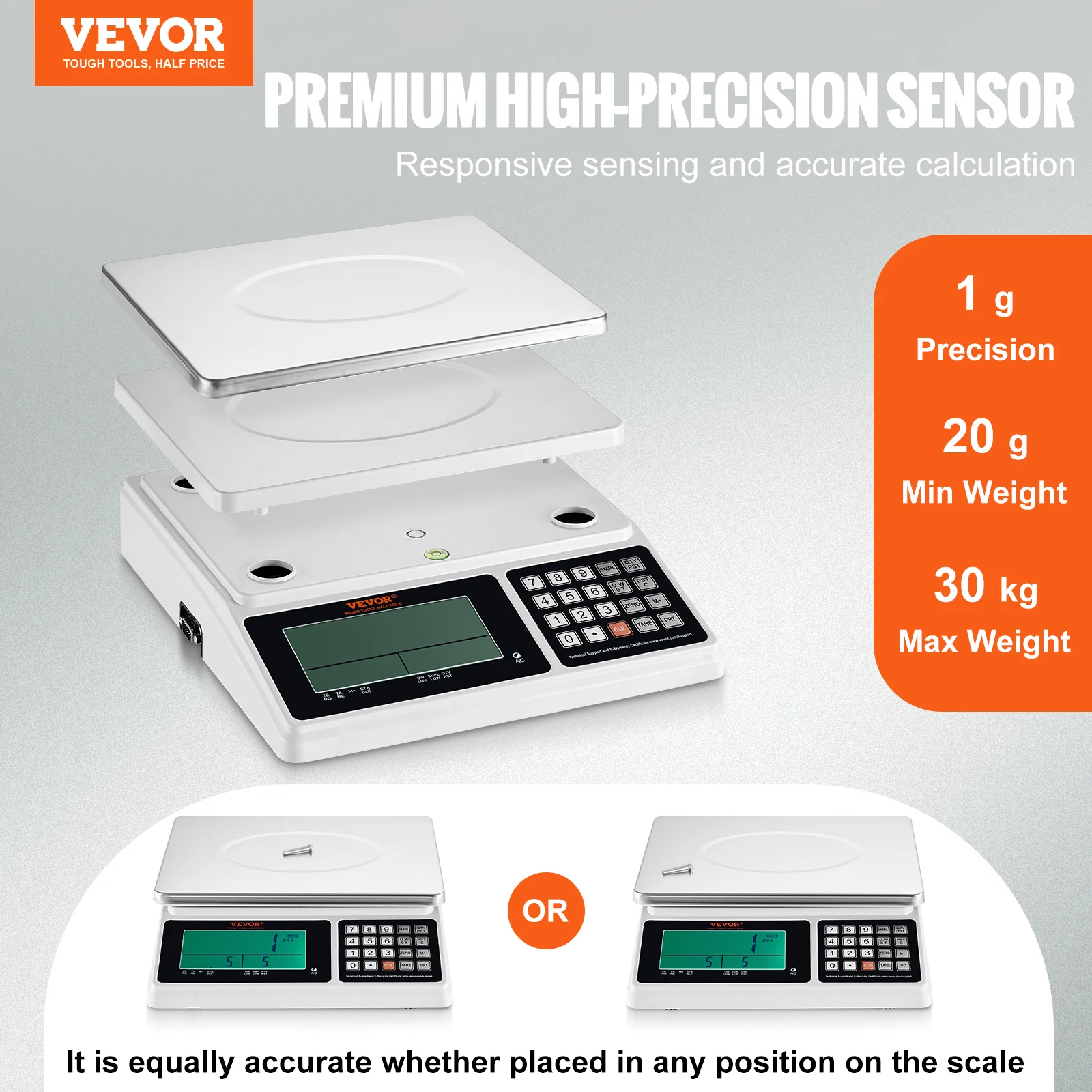 VEVOR 30kg /1g Digital Counting Scale Electronic Gram Scale with RS232 Port and LCD Screen for Parts Coins Home Food Weighting