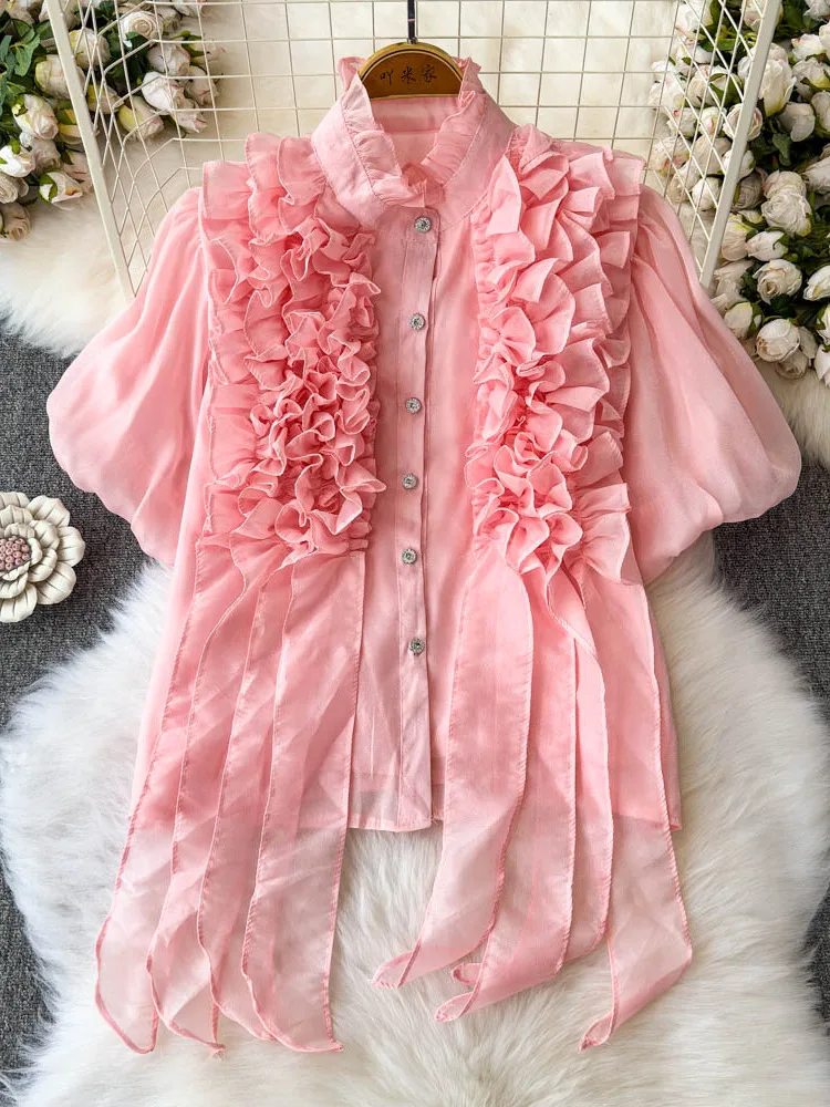 

Sweet Sli Wooden Ear Bubble Sve irt Women's Heavy Work Summer New Versatile Top Korean Sle Loose Fit UV Protection