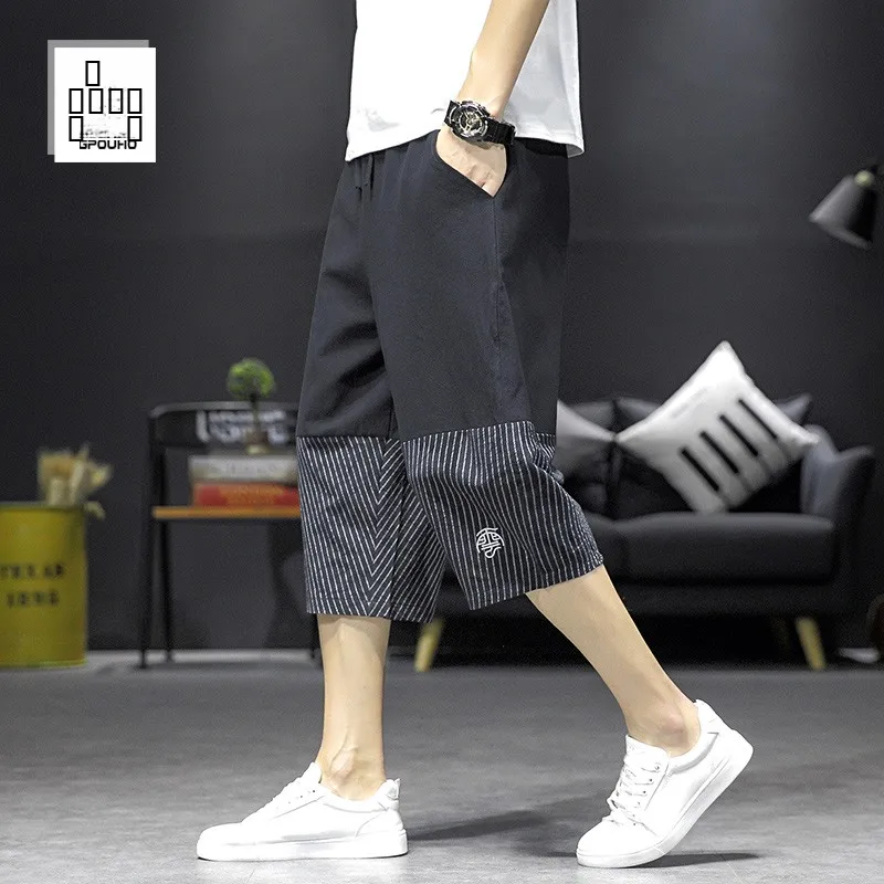 

Мужские летние тонкие свободные брюки-капри с вставками, больших размеров, в корейском стиле, повседневные, модные, широкие, хлопковые, пляжные брюки