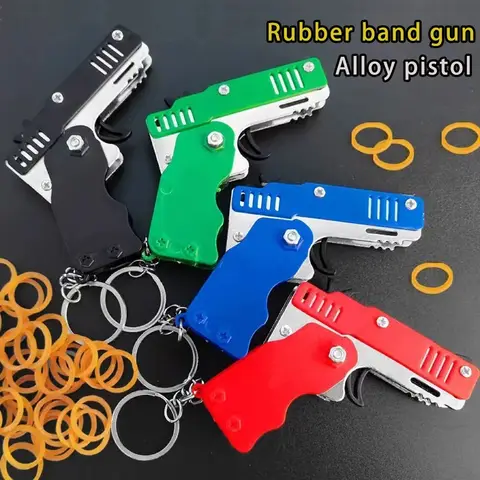 Mini Metal Folding Rubber Band Gun with Keychain Pistol Alloy Toy Gun with 60pcs Bands for Kids Outdoor Fun Birthday Gifts