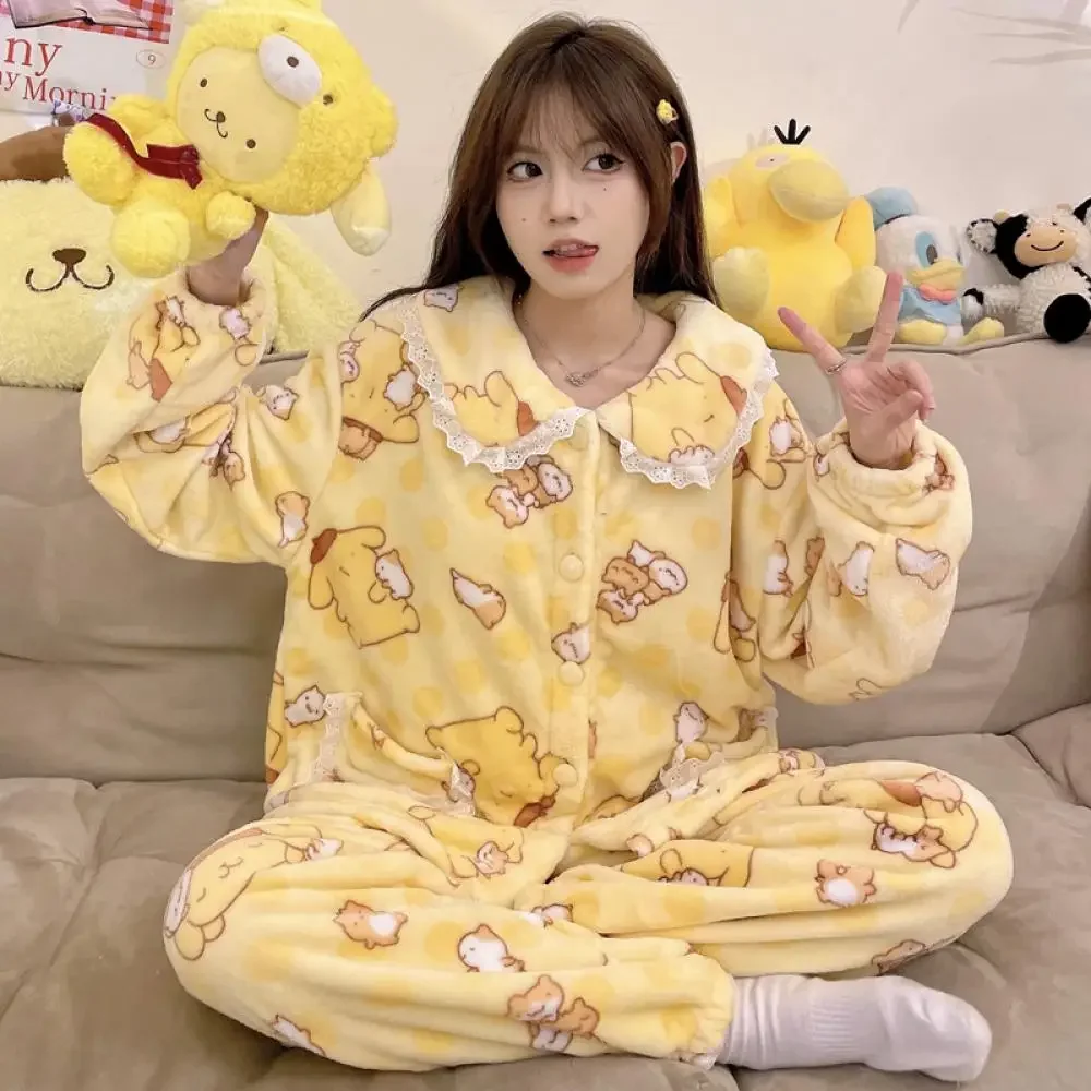 New Anime Pompompurin Women 2Pcs Plush Pajamas Suit Sanrio Kawaii Hello Kitty Winter Coral Fleece Loungewear Cute Warm Homewear