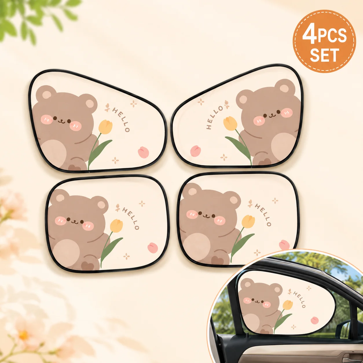 Cute Cartoon Car Sun Shade 4PCS Set – Static Cling Side Window Sunshade, UV Blocking Baby Car Curtain, Foldable Car Window Cover