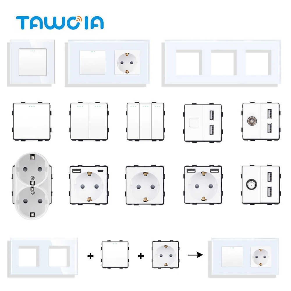 TAWOIA White EU Wall Socket Push Button Switch 20W Type-C USB TV SAT CAT5 RJ45 Plug DIY Free Combination Function Parts Outlet