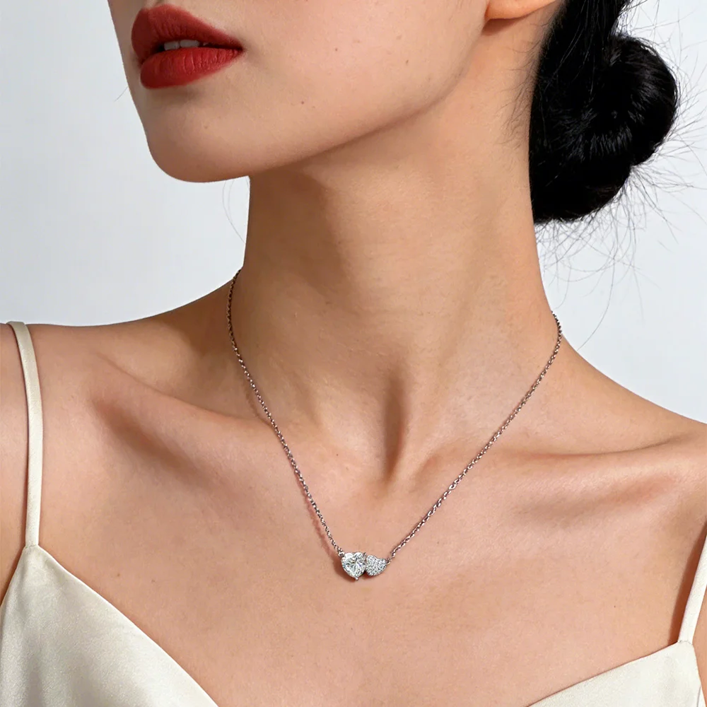 COSYA 2CT Heart Cut Moissanite Necklace For Women 100% S925 Silver D Color Lab Diamond 2 Stone Neck Chain Dainty Fine Jewelry