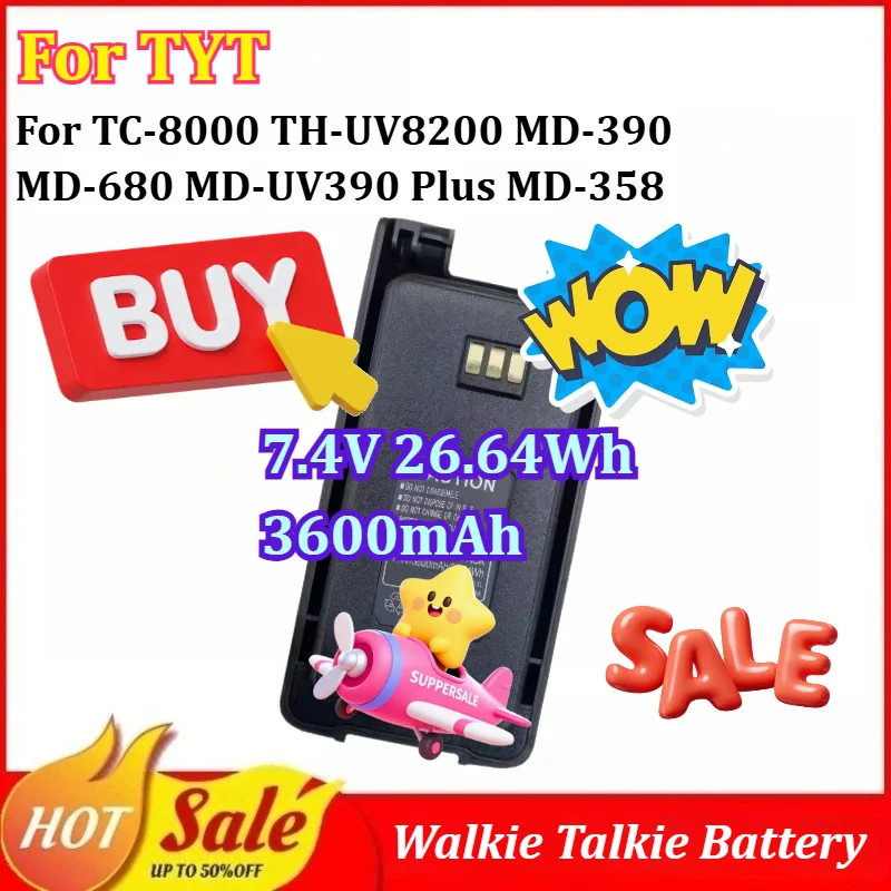 

New 7.4V 26.64Wh 3.6Ah Walkie Talkie Battery for TYT TC-8000 TH-UV8200 MD-390 MD-680 MD-UV390 Plus MD-358 Type-C Port Supported