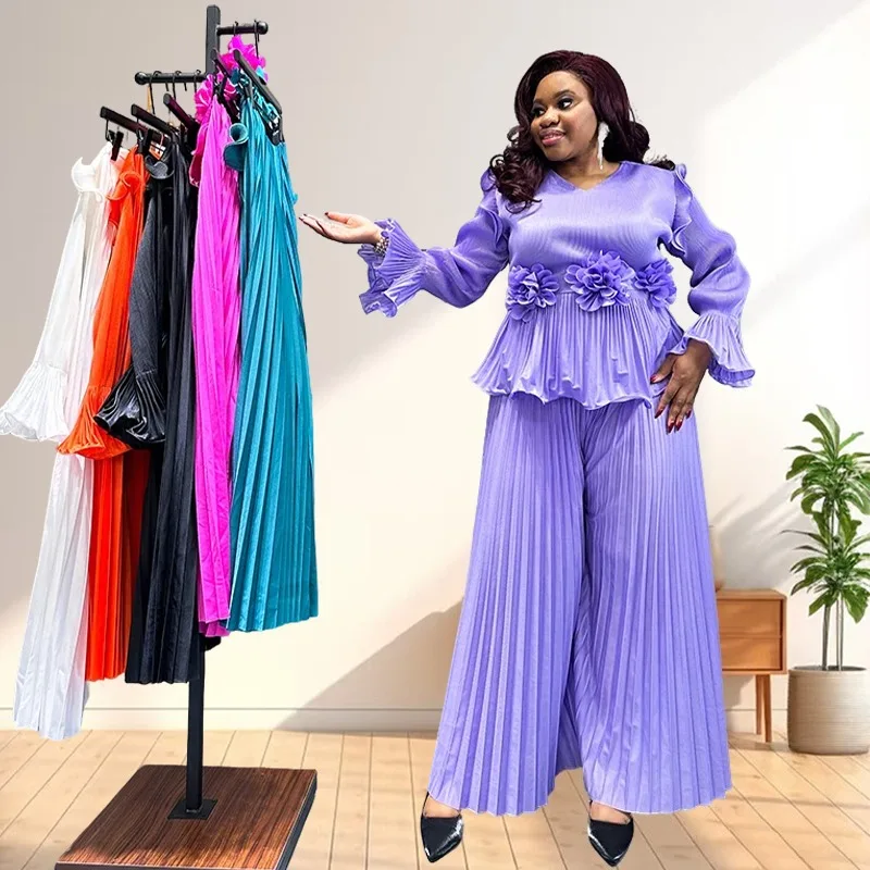 

Women's Pleated Top Straight Pants 2 Piece African Fashion Evening Dress Miyake Casual Temperament Large Size Stretch Clothing