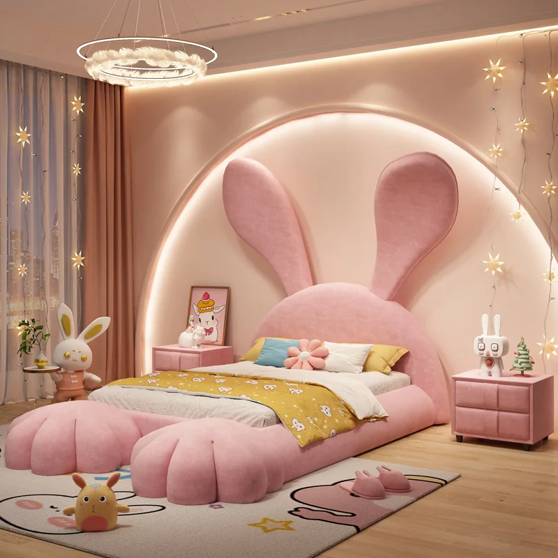 Children\'s pink girl bed Creative ears rabbit princess light luxury net red cartoon multifunctional solid wood bed