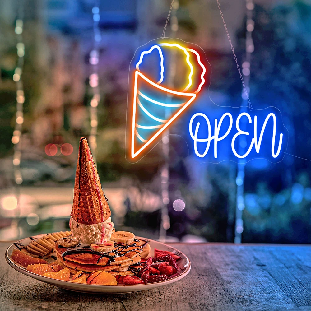 Ice Cream Neon Sign for Ice Cream Shop Open LED Light Sign Custom Coffee Bar Cafe Wall Decor Neon Light Personalized Gifts