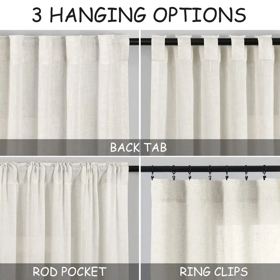 Linen Curtains 102 inches Long 2 Panels Set for Living Room Extra Long Back Tab Curtains Neutral Farmhouse Light Filtering Semi view 3