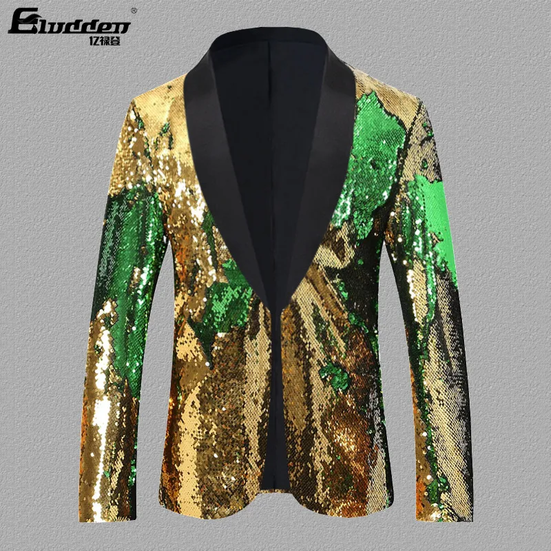 

2026 men's new color-changing, sequined suit, singer and host stage performance green fruit collar blazer