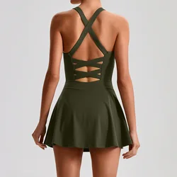 Solid Color Soft Fitness Tennis Skirt Set With Pocket Women Culottes Crossed Back Gym Bra Comprehensive Training Fitness Jog