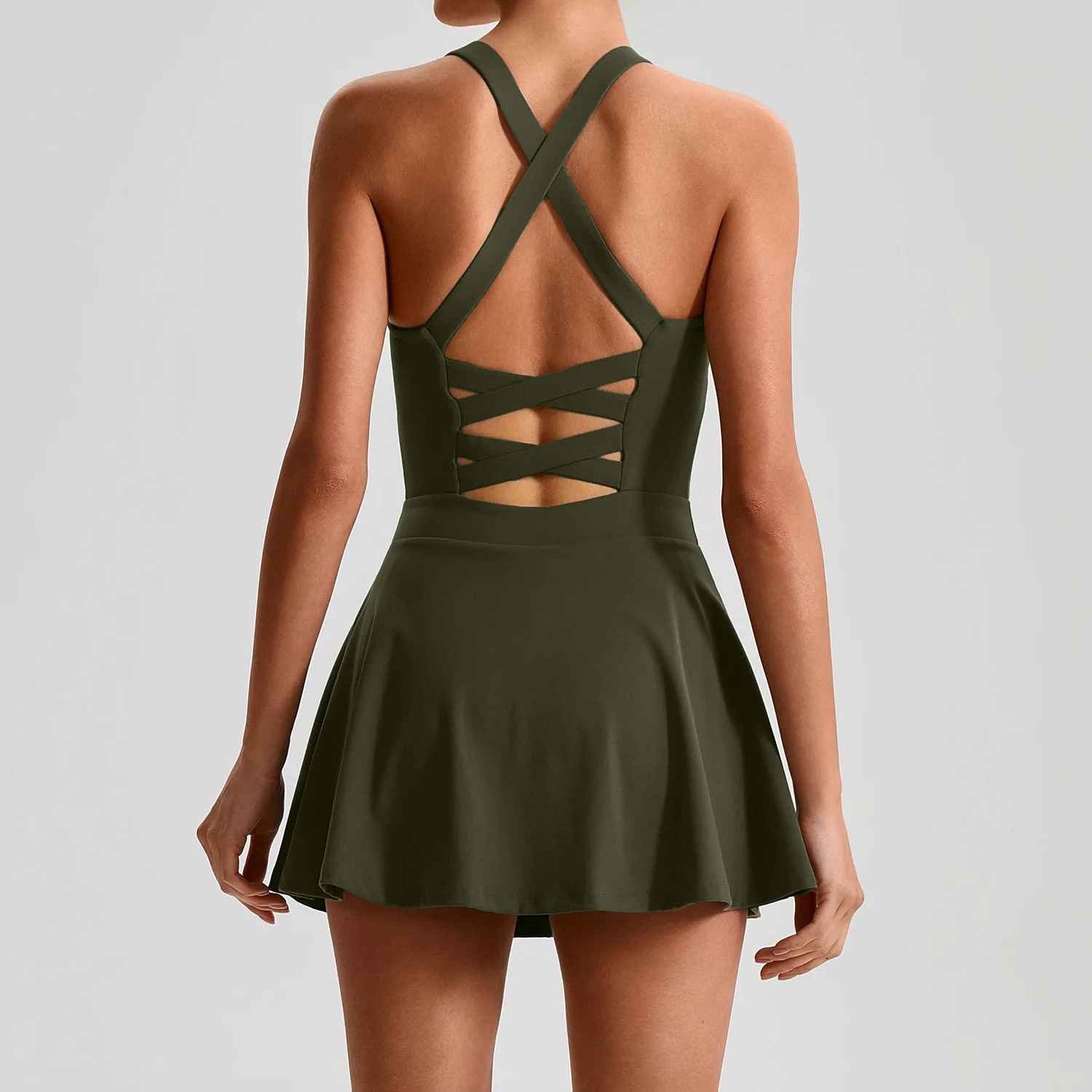 Solid Color Soft Fitness Tennis Skirt Set With Pocket Women Culottes Crossed Back Gym Bra Comprehensive Training Fitness Jog