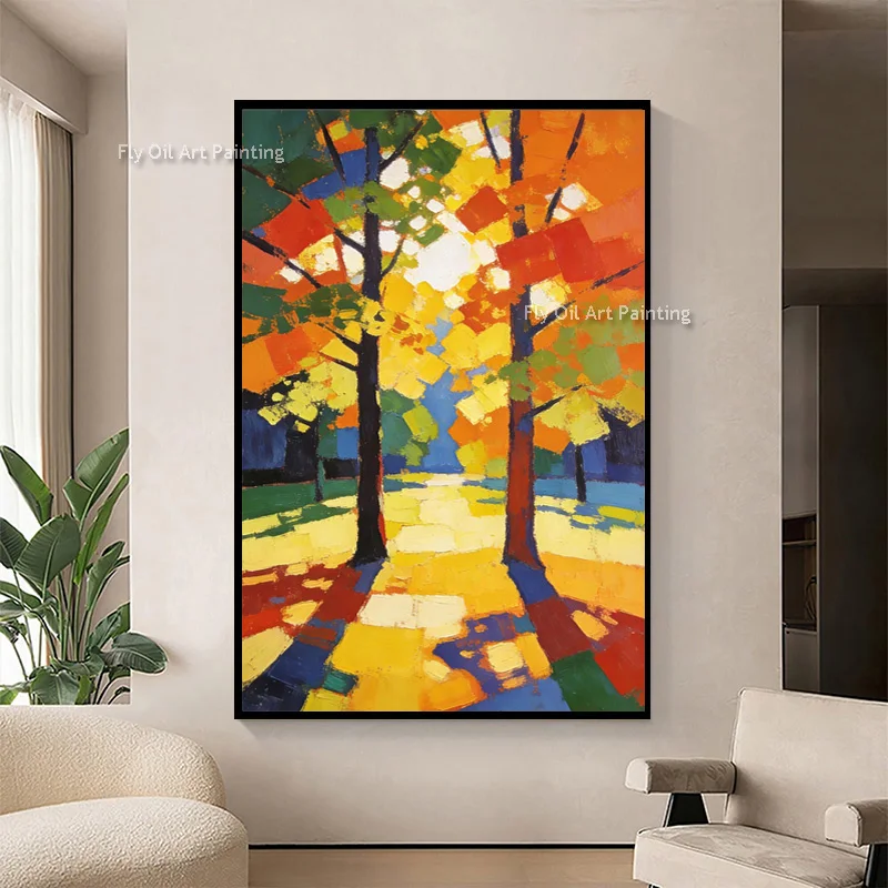 Colorful Artwork Hand Made Green Yellow Red Tree Landscape Canvas Oil Painting New Popular Design Blue White Wall Art For Decor