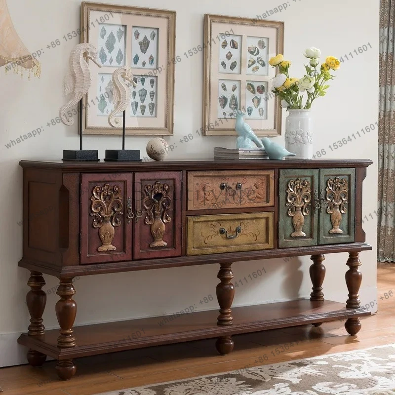 European Style Entrance Cabinet Carved Creative Six-Door Storage Cabinet Vintage Solid Wood Sideboard