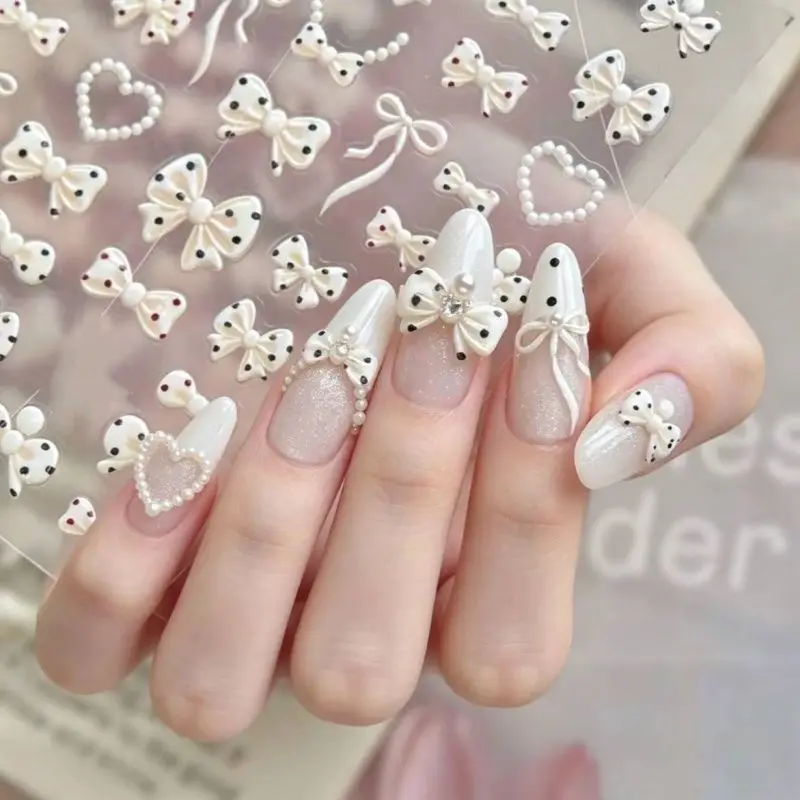 White Pearl Bow French Polka Dot Bow Pearl Heart Pearl Chain 5D Nail Stickers Self-Adhesive Nail Decal Manicure Decor for Women