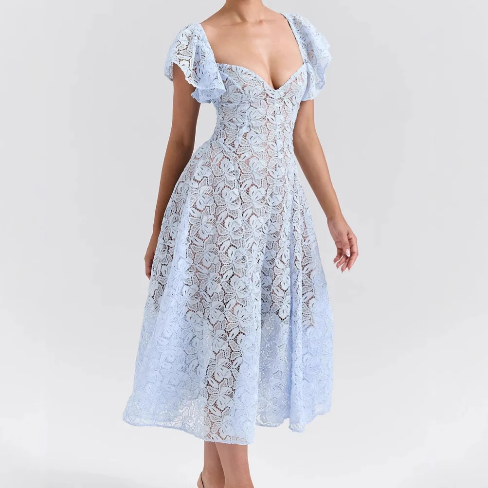 فساتين نسائية صيفية طويلة دانتيل عتيق عالي الخصر مثير بأكمام قصيرة فستان نسائي عالي الجودة فساتين حفلات Elbise Kadın #1