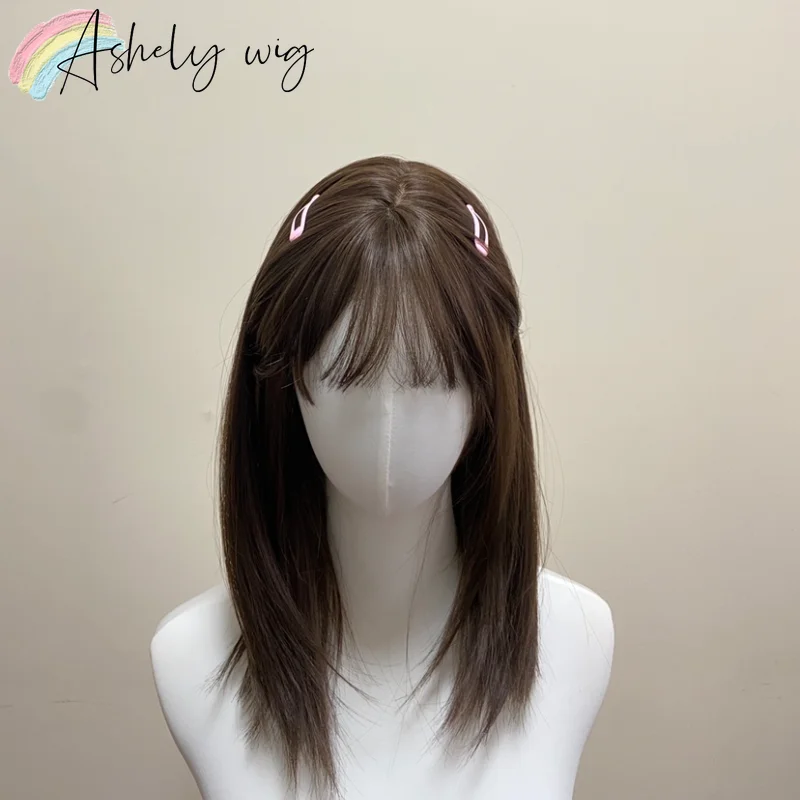 Ashely Brown Wig with Bangs 14inch Lolita Wigs for Women Shoulder Hair Wig High Temperature Fibers Synthetic Wigs for Daily Use
