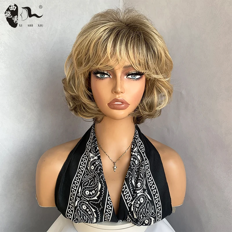 

Short Pixie Cut Blonde Brown Synthetic Wigs Natural Wavy Layered Hair Wig With Fluffy Bangs for Women Heat Resistant Hair Daily