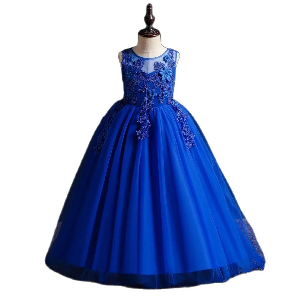 Blue New Girl Flower Long Dress Children\'s Ball Embroidered Princess Dress for 4 to 14 years Girl Party Wear