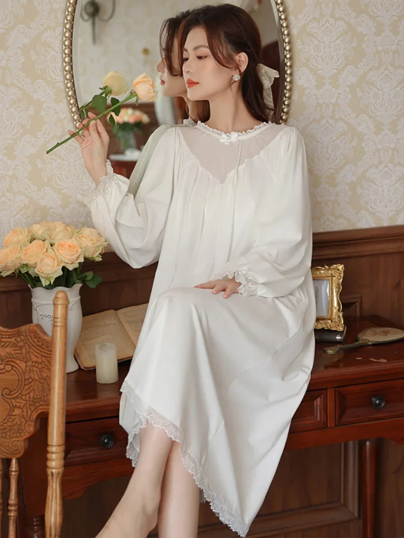 Women Long Sleeve Nightdress Spring Cotton Mesh Fairy Pajamas French Vintage Princess Loose Victorian Nightgowns Sleepwear