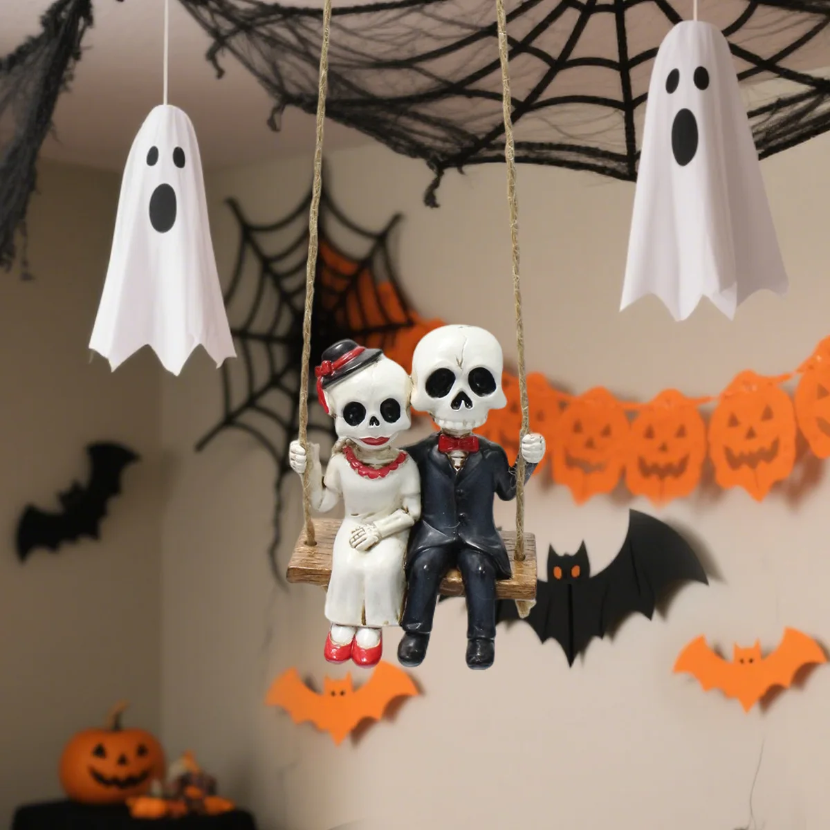 Gothic Skeleton Swing Decor - Halloween Couple Statue,Weatherproof Garden Hanging, Unique Party Accent, Great for Yard & Balcony