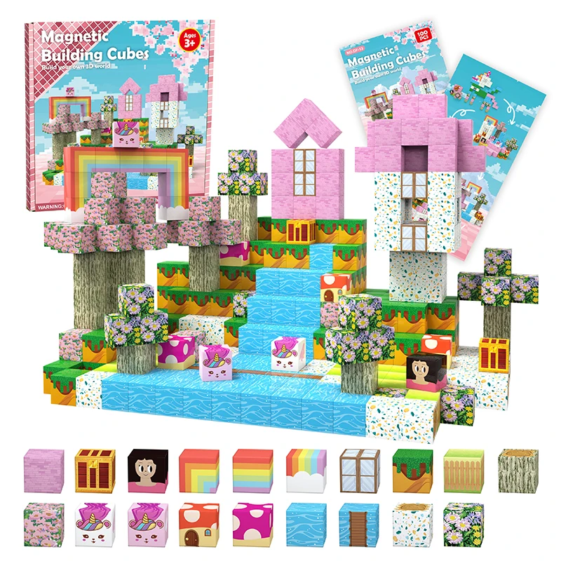 100PCS Magnetic Tiles Building Blocks,Princess Pink Castle Set, STEM Educational Toys for Kids Ages 4-8,Creative Gift for Girls