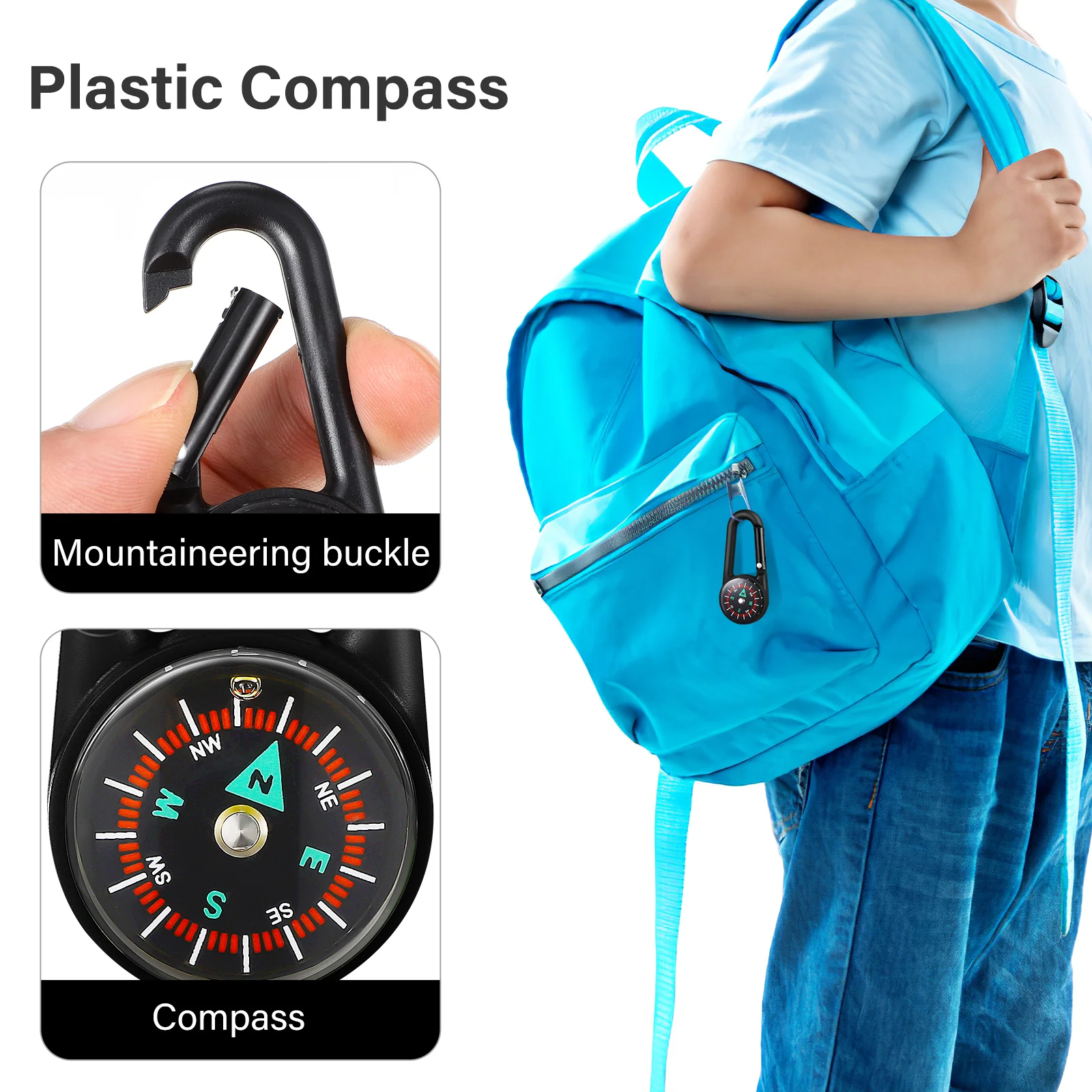 24 Pcs Compass Carabiner Hiking Climbing Keychain Set Portable Outdoor Plastic Travel Gear Direction Guidance Clip On