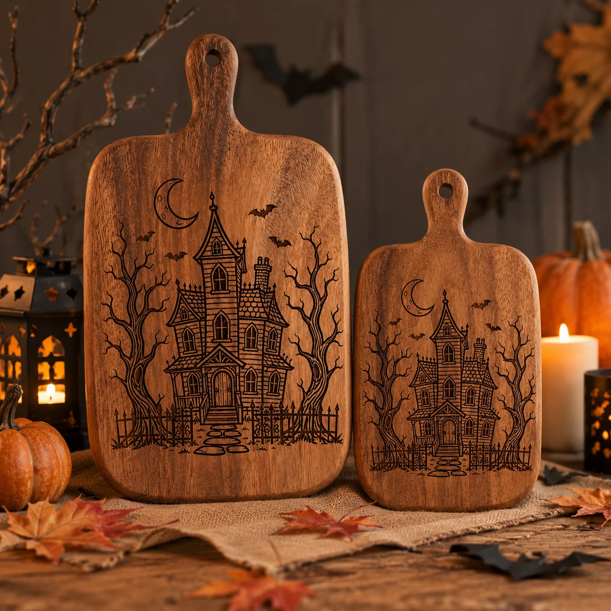 2Pcs/1Pc Halloween Wooden Carved Cutting Board Artistic Carved Steak Board Tabletop Decorative Cutting Board Stylish Long Handle, Made of Solid Wood, Used for Cutting Meat, Cheese, Bread, Vegetables, and Fruits - Deli Board, Cheese Serving Board, Perfect for Food Slicing and Presentation, Portable Camping Cutting Board, a Must-Have for Modern Home and Country Kitchens Mother's Day Gifts, Wedding Season Kitchen Supplies